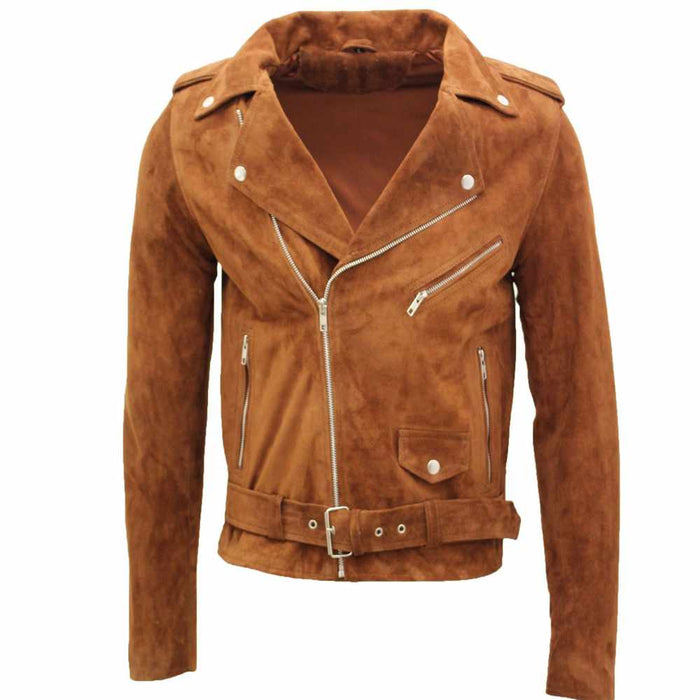 Men Native American Suede Leather Motorcycle Fashion Jacket Tan