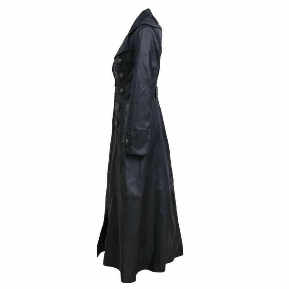 Women Black Genuine Leather Trench Military Long Coat Side 2