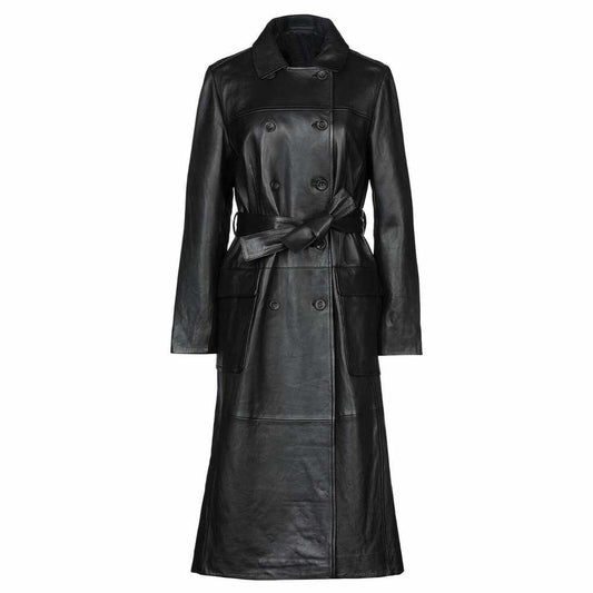 Women Double Breast Long Black Leather Trench Coat Blazer