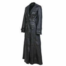 Load image into Gallery viewer, Women Black Genuine Leather Trench Military Long Coat Side
