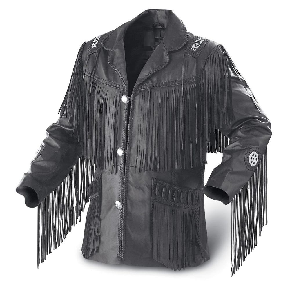 Men Black Western Fringes Cowboy Genuine Real Leather Jacket