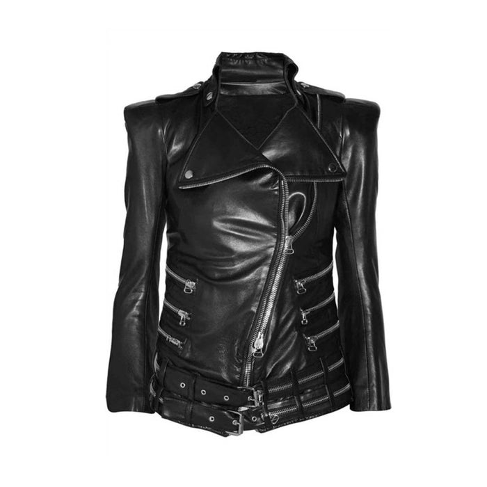 Military Black Leather Women Fashion Zipper Jacket