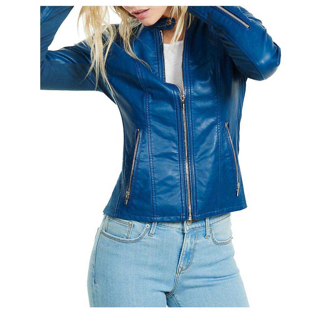 Women Blue Soft Lambskin Motorcycle Racer Leather Jacket - 