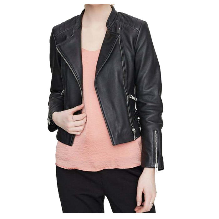 WOMEN CLASSIC MOTO BIKER GENUINE LEATHER JACKET - 