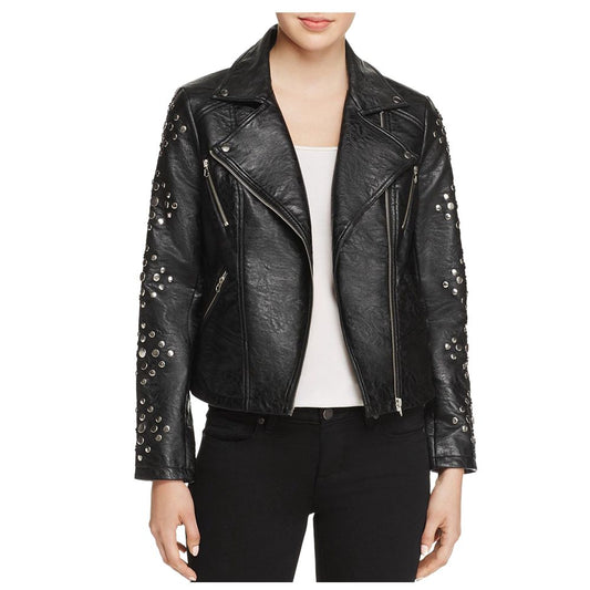Women Pin Studded Biker Leather Jacket Black - 