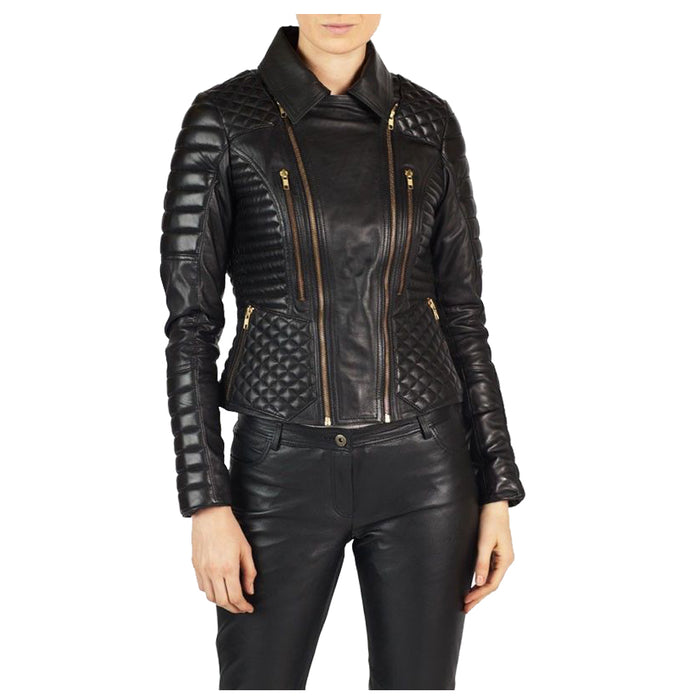 Women Motorcycle Biker Leather Jacket Gold Zipper - 