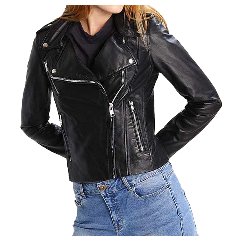 Women Genuine Lambskin Motorcycle Biker Leather Jacket - 