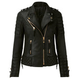 Women Motorcycle Classic Fashion Golden Zipper Leather Jacket - 