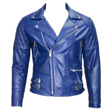 Load image into Gallery viewer, Royal Blue Cafe Racer Motorcycle Leather Jacket - 
