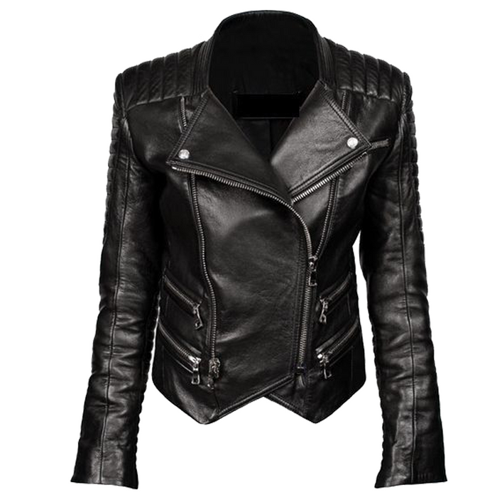 Women Genuine Leather Biker Double Zipper Jacket - 