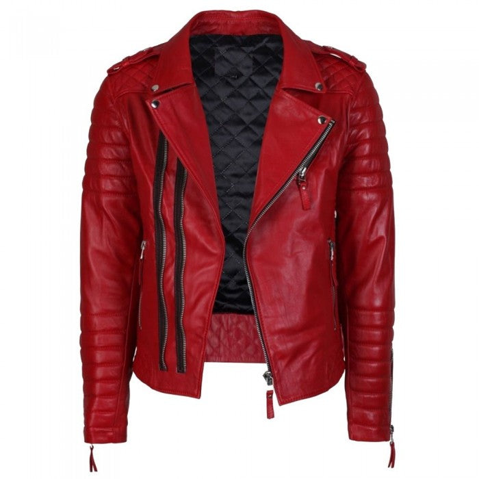 Men Supreme Red Biker Fashion Leather Jacket