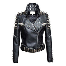 Load image into Gallery viewer, Women Slim Fit Studded Brando Leather Jacket | Jacket Hunt
