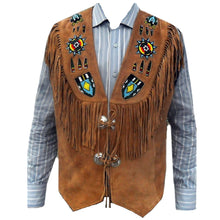 Load image into Gallery viewer, Men Western Brown Suede Leather Vest Fringes Beads Bones
