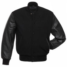 Load image into Gallery viewer, Black Varsity Wool Leather Jacket Custom Made Bomber Jacket
