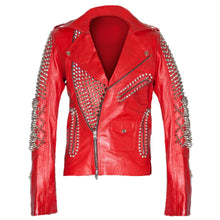 Load image into Gallery viewer, Women Brando Red Leather Studded Biker Jacket
