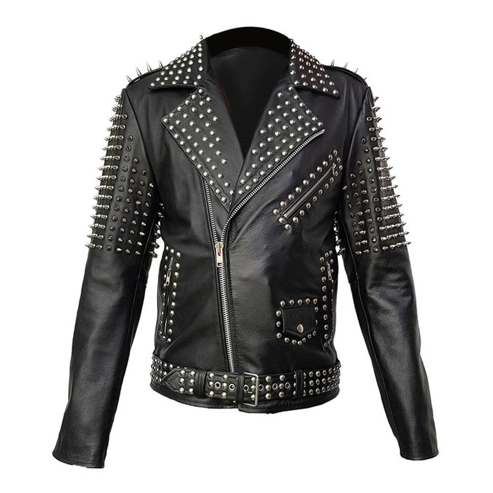 Men Real Leather Jacket Spike Studded Punk Style Jacket