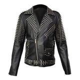 Men Real Leather Jacket Spike Studded Punk Style Jacket