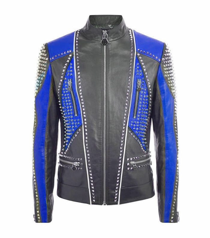 Men's Plein Two Tone Blue Black Genuine Leather Jacket