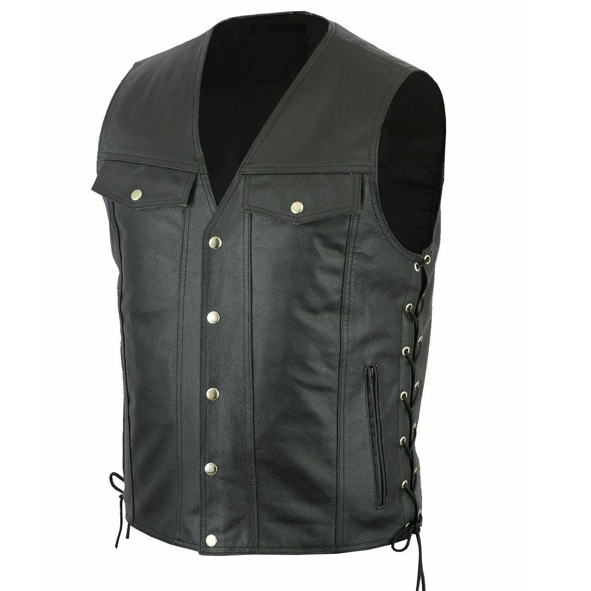 Men Side Laces V Neck Motorcycle Leather Vest- High Quality Leather Jackets For Sale