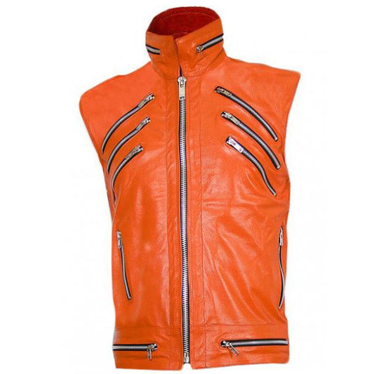 Men Punk Fashion Zipper Orange Leather Vest - High Quality Leather Jackets For Sale | Dream Jackets On Jackethunt