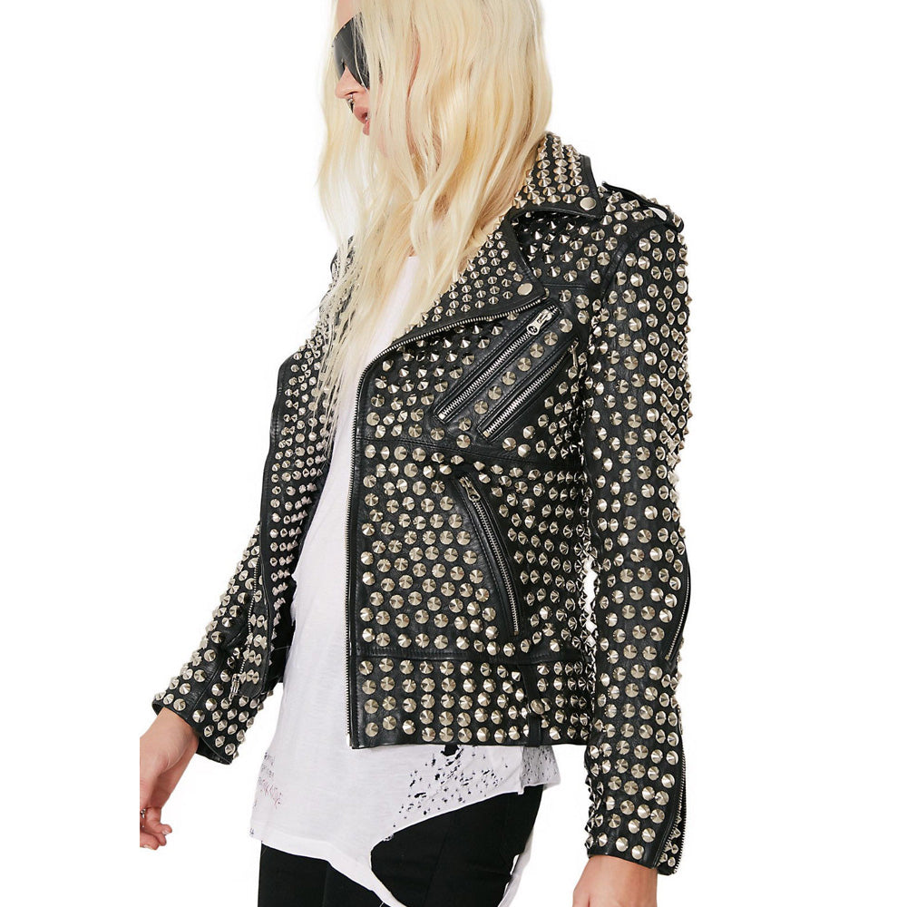 Women Rock Star Silver Studded Leather Jacket | Jacket Hunt