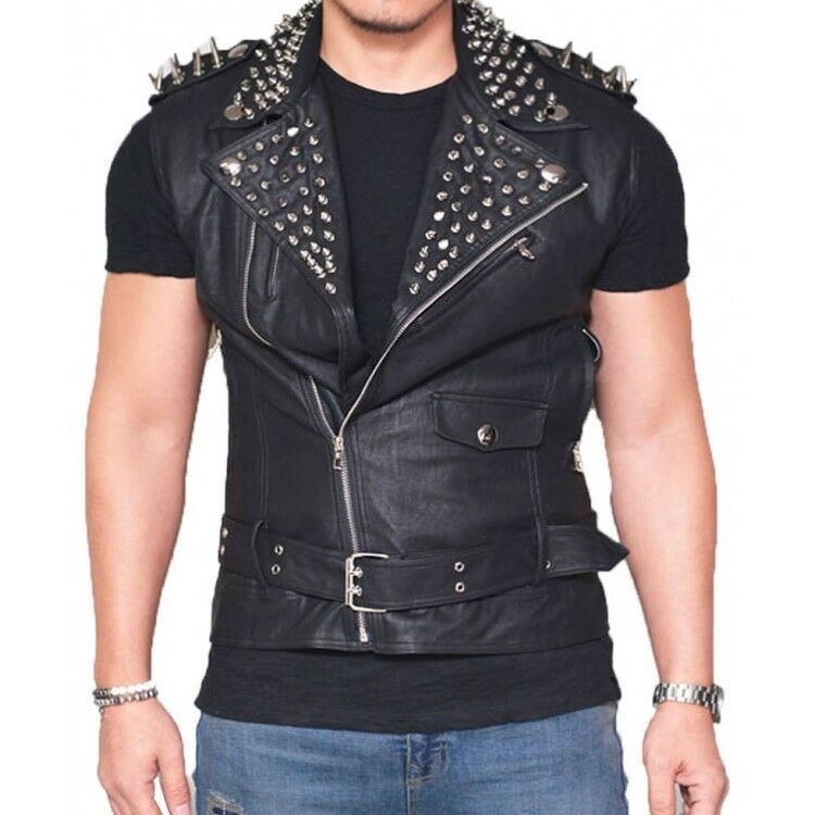 Men's Black Color Biker Genuine Leather Silver Spike Punk Studded Belted Vest - 