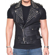 Load image into Gallery viewer, Men&#39;s Black Color Biker Genuine Leather Silver Spike Punk Studded Belted Vest - 
