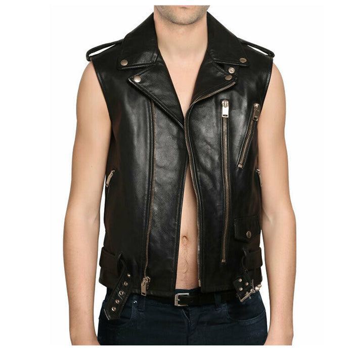 Men Genuine Lambskin Leather Motorcycle Club Vest - High Quality Leather Jackets For Sale