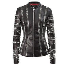 Load image into Gallery viewer, Women Studded Black Leather Fashion Jacket - Custom Made Studs Jacket
