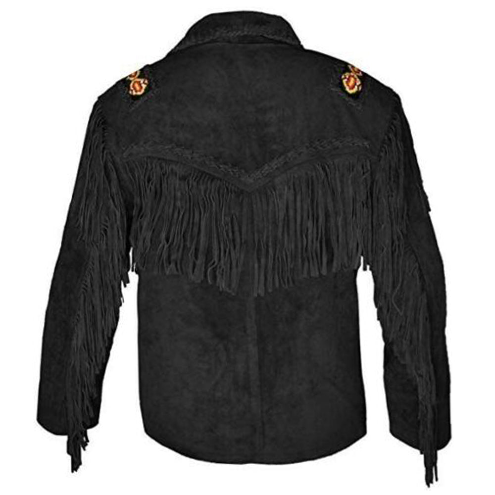 Western Black Suede Leather Fringe Jacket Mens