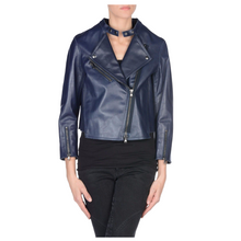 Load image into Gallery viewer, Navy Blue Women Biker Leather Jacket
