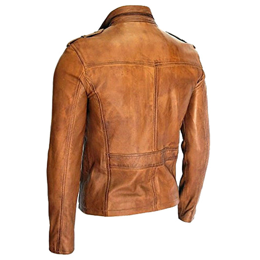 Men Fashion Real Lambskin Tan Leather Waxed Moto Jacket