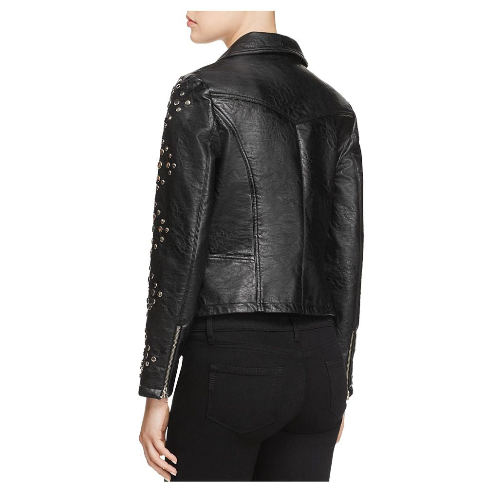 Women Pin Studded Biker Leather Jacket Black - 