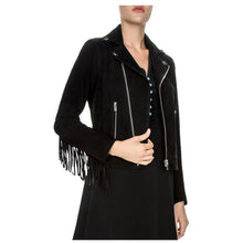 Load image into Gallery viewer, WOMEN SUEDE GENUINE LEATHER FRINGE BIKER JACKET - 
