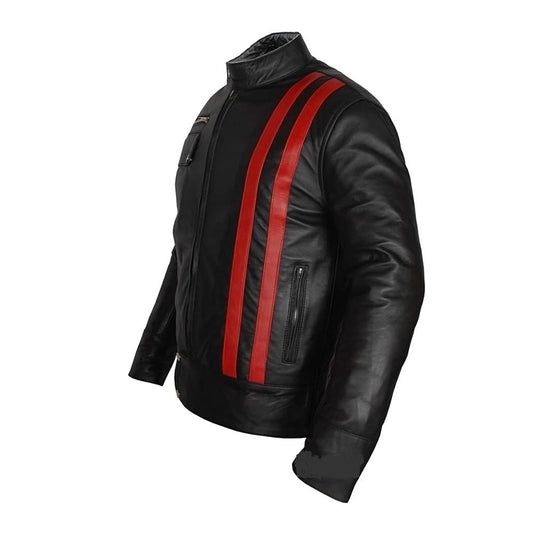 Red Strip Biker Leather Jacket - 