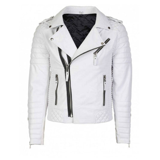 Vintage White Brando Quilted Biker Leather Jacket - 