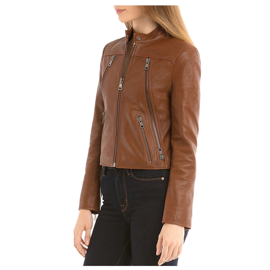 Women Slim Fit Fashion Brown Biker Leather Jacket - 