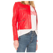 Load image into Gallery viewer, Women Red Leather Motorcycle Jacket | Moto Biker Fashion Jacket Women
