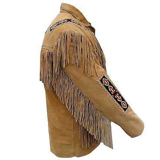 Men Tan Brown Western Cowboy Fringe Leather Jacket