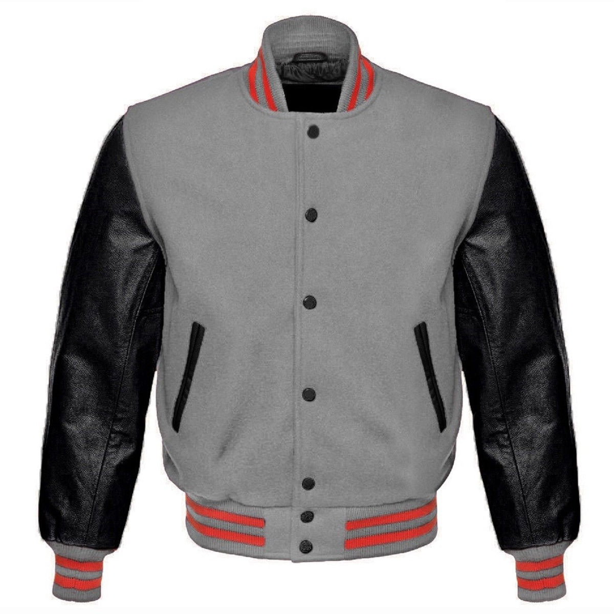 Men's Gray Wool Varsity Bomber Leather Jacket | Personalized Varsity Jacket