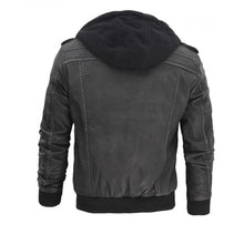 Load image into Gallery viewer, Grey Hooded Bomber Mens Leather Jacket - High Quality Leather Jackets For Sale | Dream Jackets On Jackethunt
