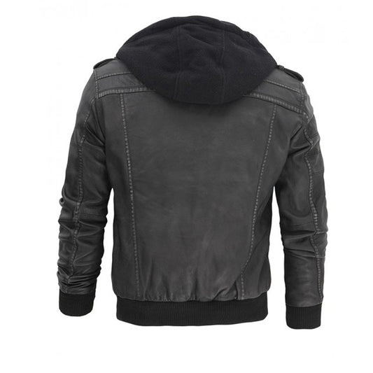 Grey Hooded Bomber Mens Leather Jacket - High Quality Leather Jackets For Sale | Dream Jackets On Jackethunt