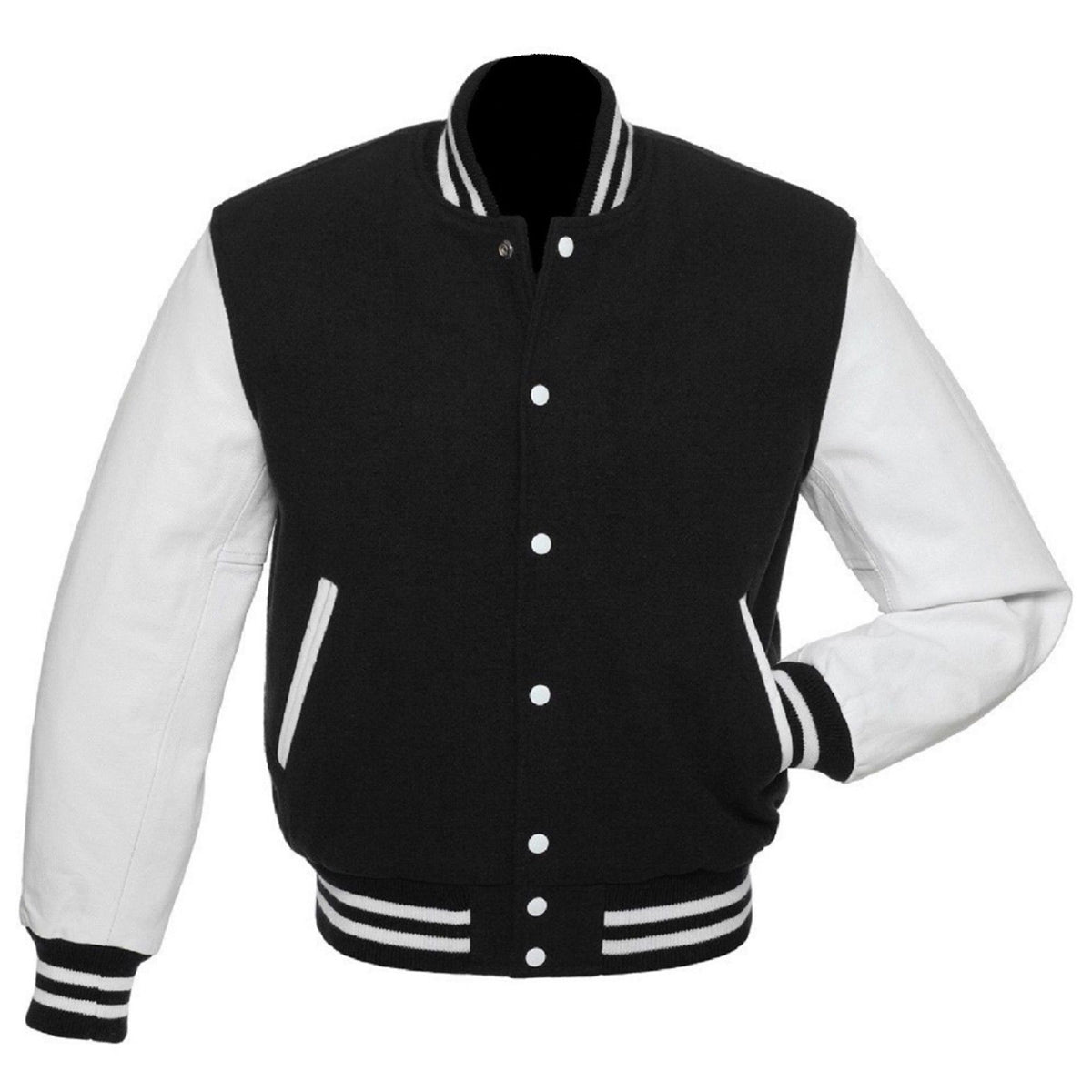 Topman wool mix varsity jacket with faux leather sleeves in black and white