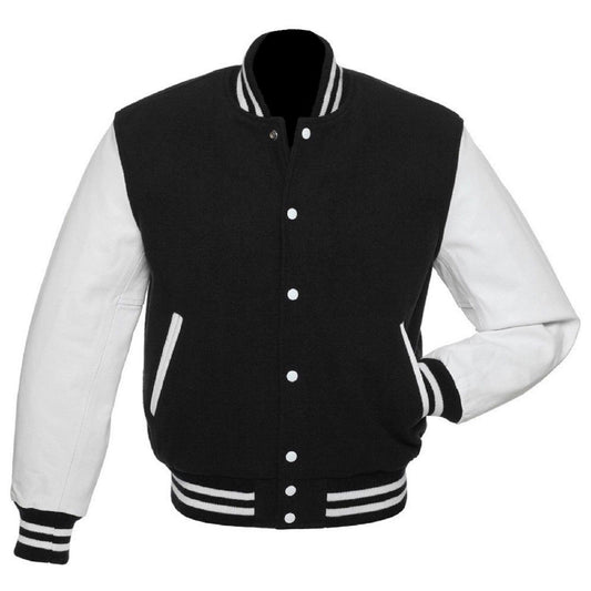 Black and White Wool Real Leather sleeve Varsity Jacket - High Quality Leather Jackets For Sale | Dream Jackets On Jackethunt