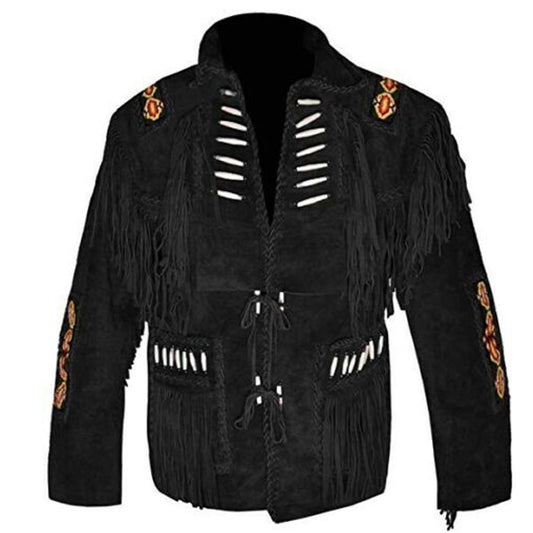 Western Black Suede Leather Fringe Jacket Mens