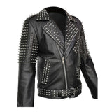 Men Real Leather Jacket Spike Studded Punk Style Jacket