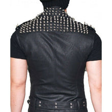 Load image into Gallery viewer, Men&#39;s Black Biker Real Leather Silver Spike Punk Vest

