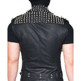 Men's Black Biker Real Leather Silver Spike Punk Vest