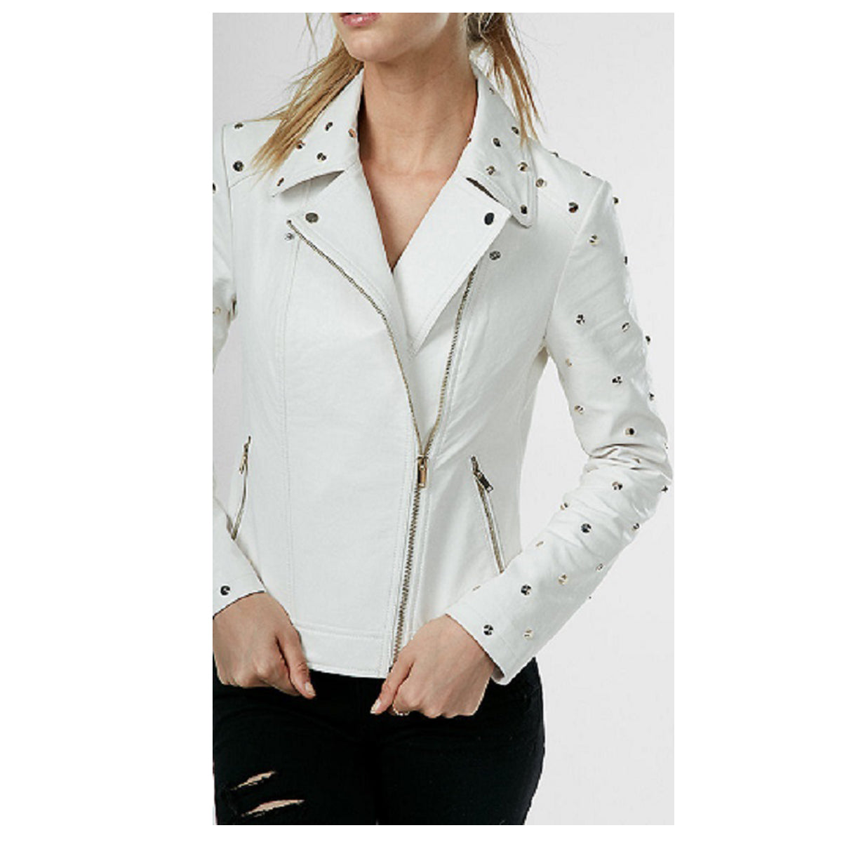 Women Fashion White Leather Gothic Studded Jacket
