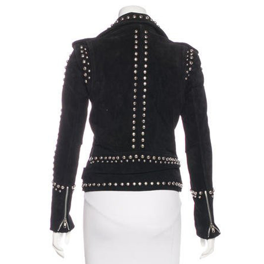 Women Studded Black Suede Leather Moto Jacket